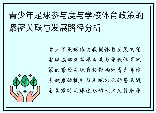 青少年足球参与度与学校体育政策的紧密关联与发展路径分析