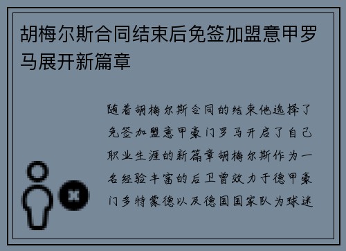 胡梅尔斯合同结束后免签加盟意甲罗马展开新篇章